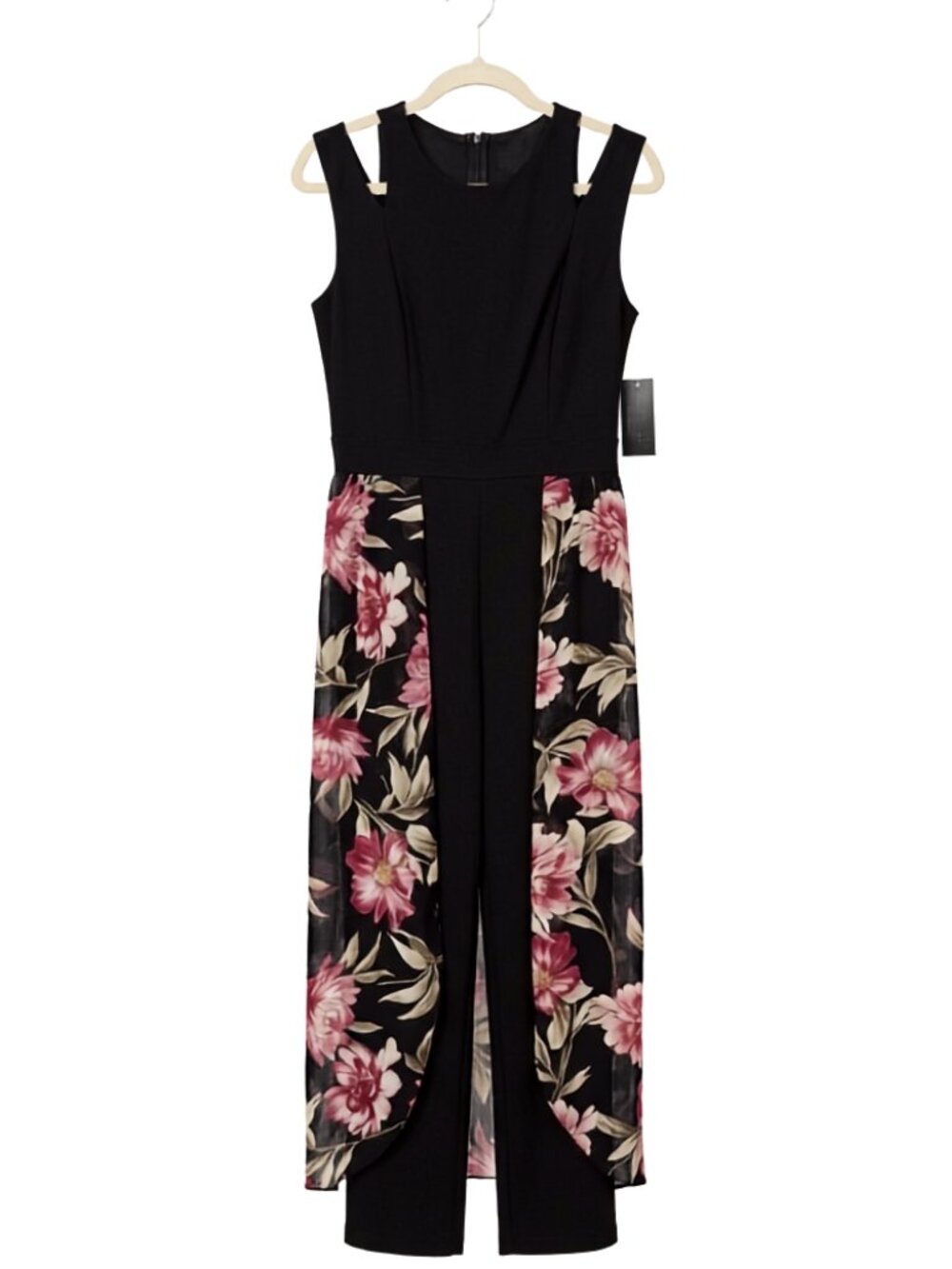 NWT Alexa B Black Cold-Shoulder Floral Chiffon Overlay Jumpsuit Size 6